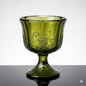 Vintage Indiana Glass Harvest Grape Compote – Avocado Green Pedestal Candy Dish